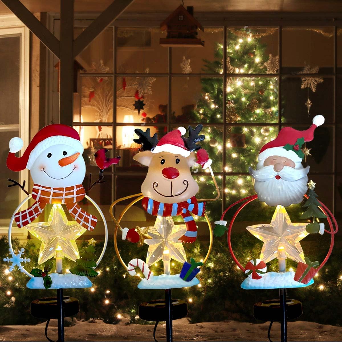 3 Pack Christmas Stake Decor, Outdoor Garden Solar Light Metal Snowman/Santa Claus/Reindeer Yard Stakes with LED Lights