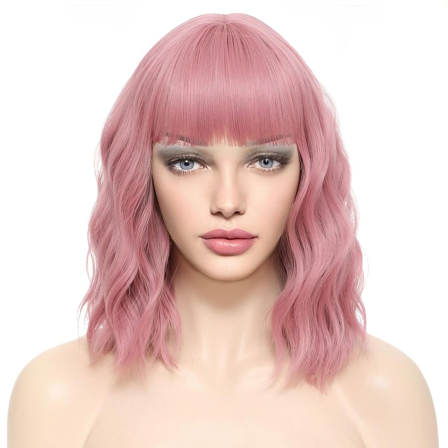 Short Wavy Pink Wigs For Women Medium Length Synthetic Colored Hair Wigs (Pink, 12 Inch)