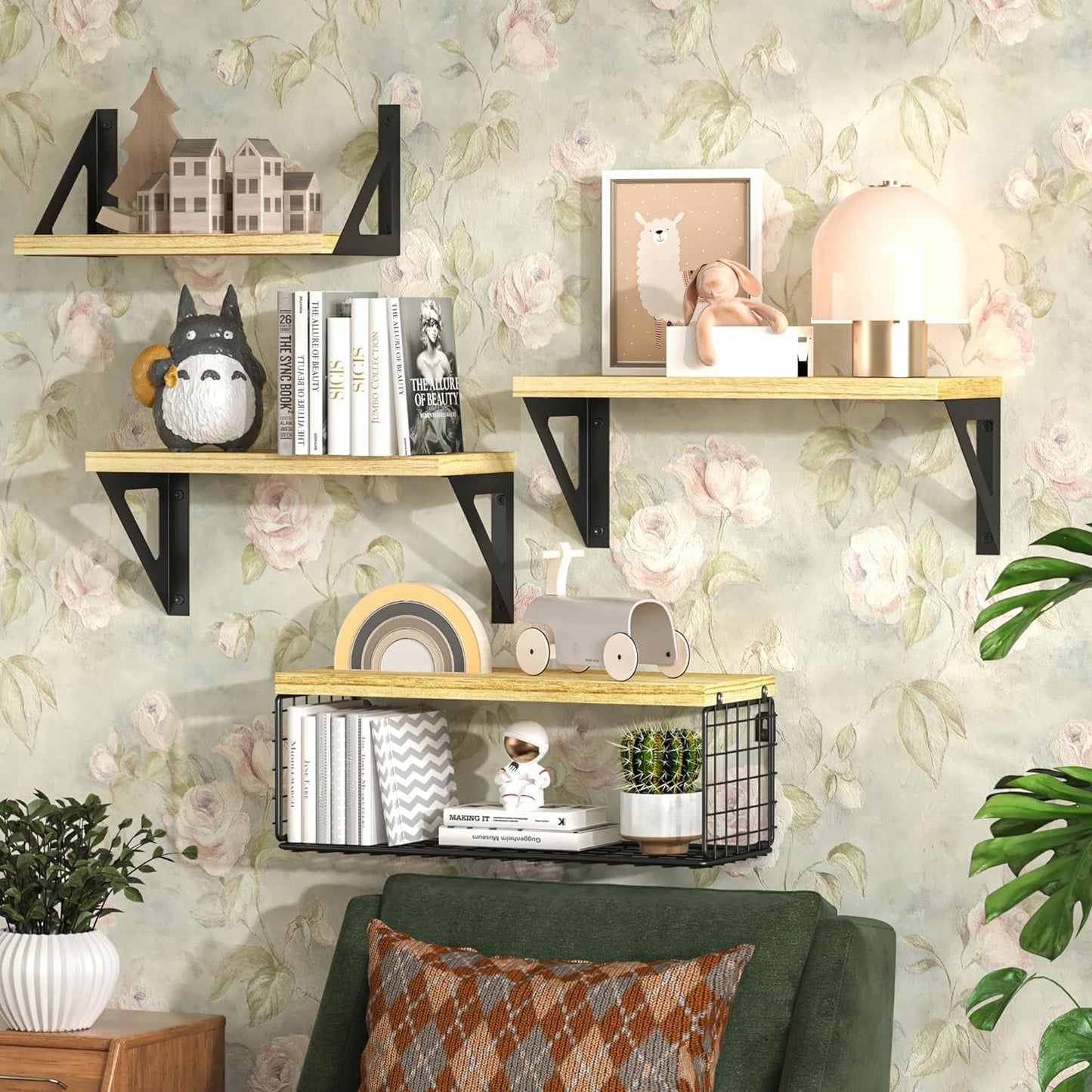 4+1 Floating Shelves for Wall Decor, Wall Shelves with Wire Storage Basket (Rustic Brown-triangular Bracket