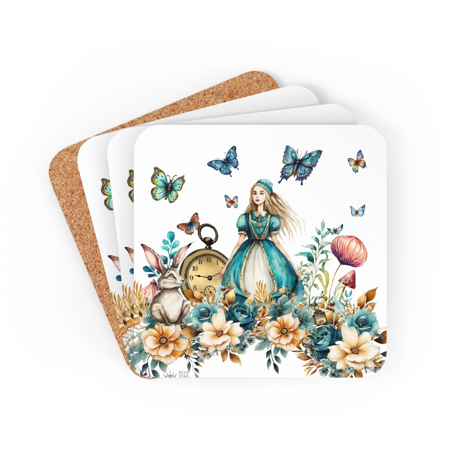 White Alice in Wonderland #21 Corkwood Coasters Set
