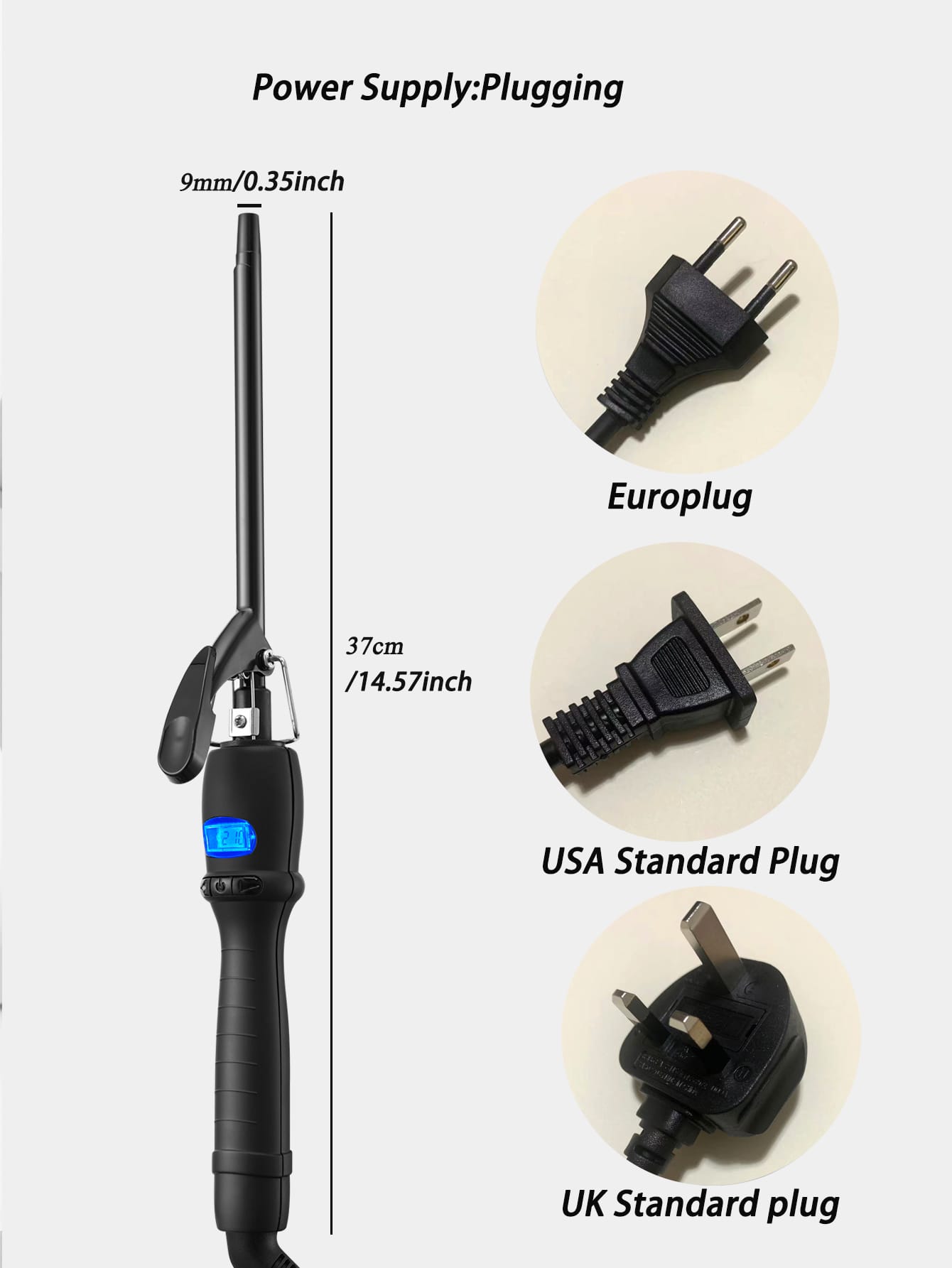 9mm Ultra-fine Wool Curling Iron With Rapid Heating, Lcd Display And Adjustable Temperature, Hc-019, Suitable For Hair Salons And Home Use