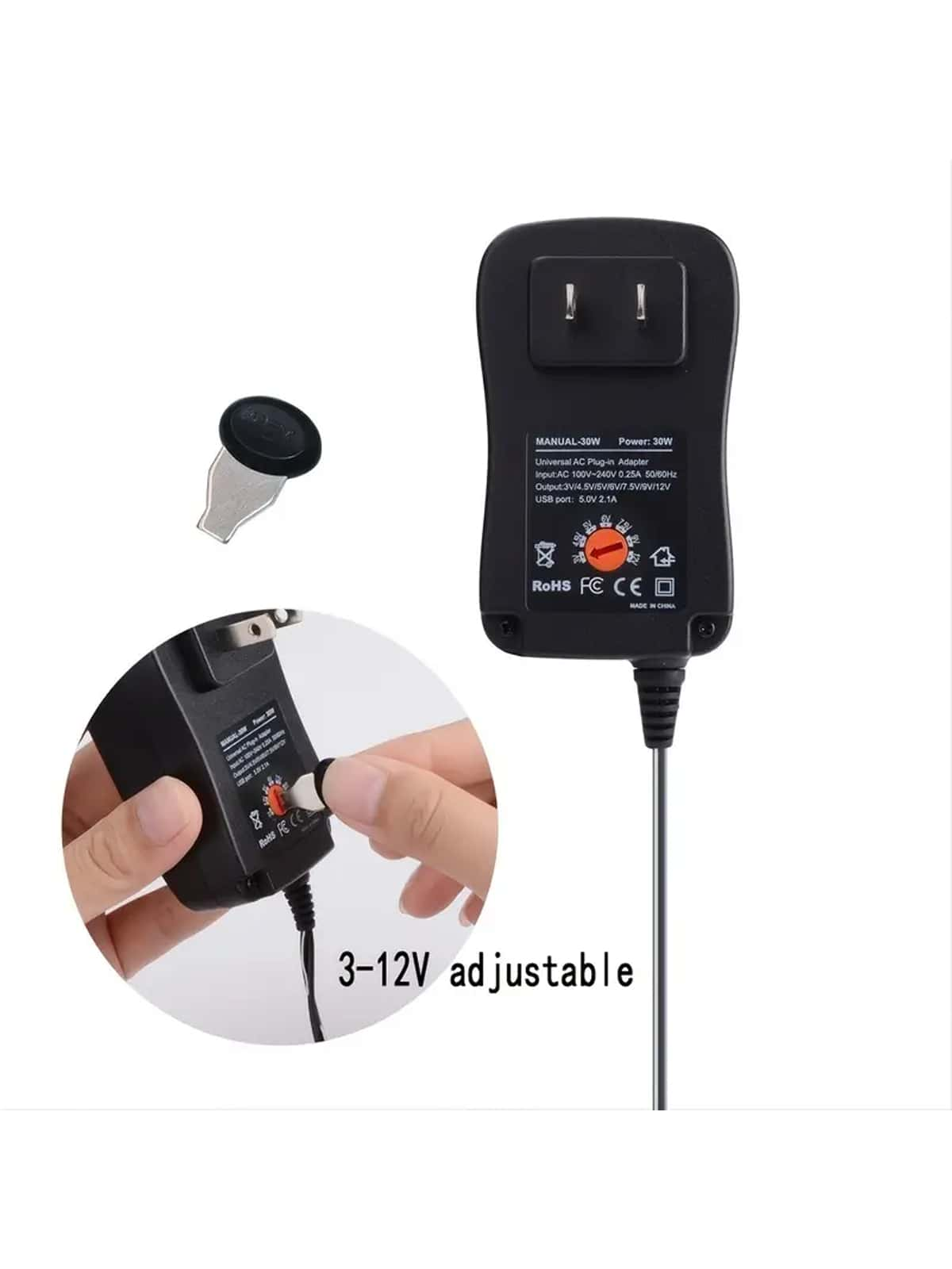 1pc 30W Universal Multi Voltage Fast Charger, 3-12v Adjustable Adapter, With 6 Optional Adapter Plugs, Suitable For 3V To 12V Most Small Household Appliances