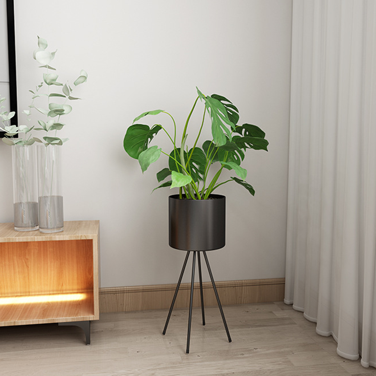Black Round Metal indoor Planter with Stand