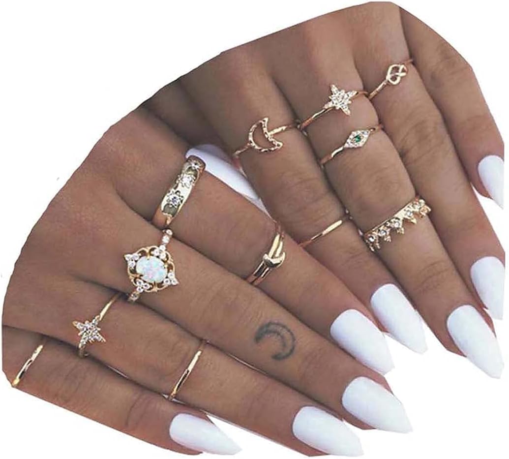 Yheakne Boho Rings Set Gold Rhinestone Knuckle Rings Stacking Crystal Midi Finger Rings Fashion Rings Accessories for Women and Teen Girls