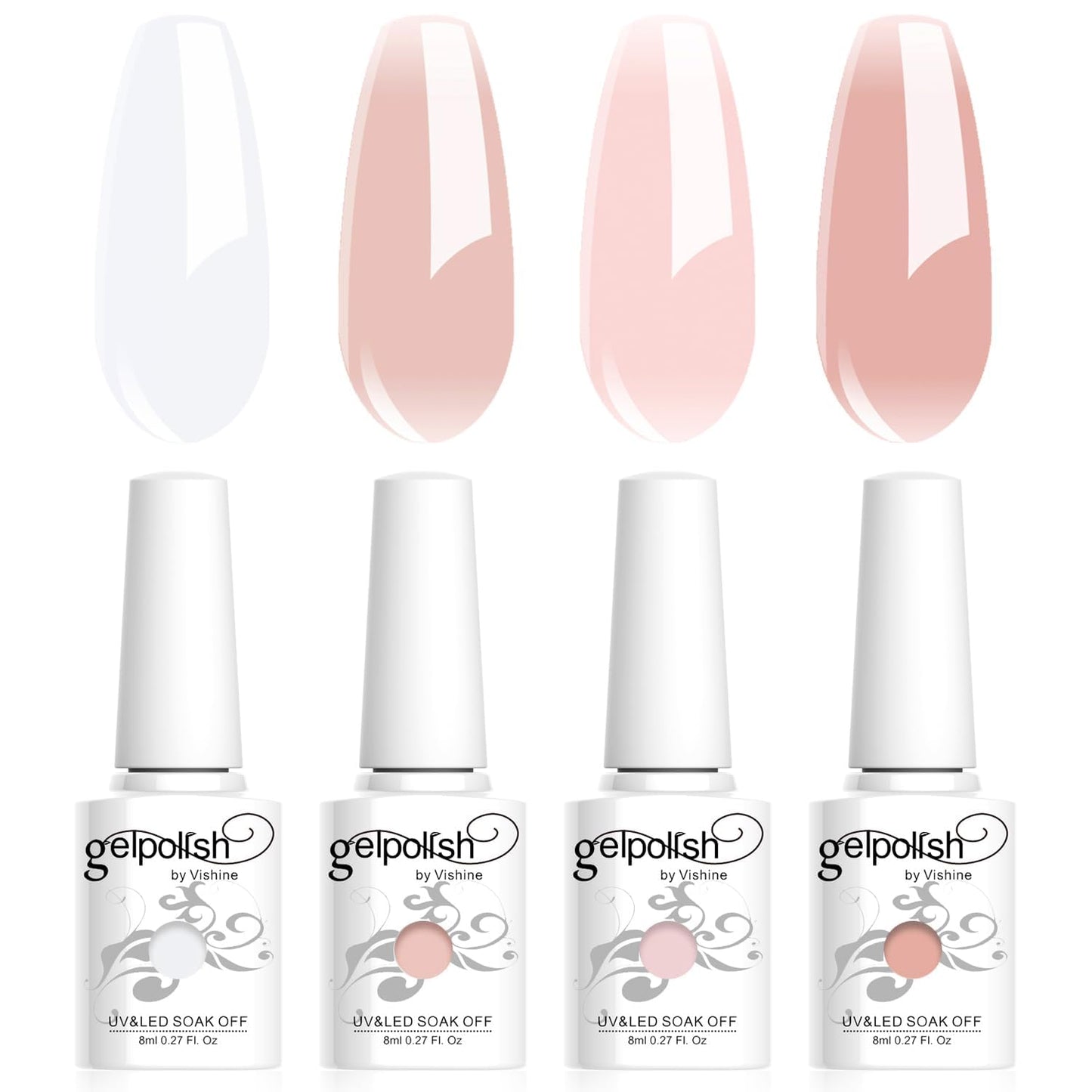 Vishine 4Pcs Jelly Nude Pink Milky White Rose Gel Nail Polish Set Sheer Clear Crystal Translucent French Manicure Gel Nail Polish Kit 8ML