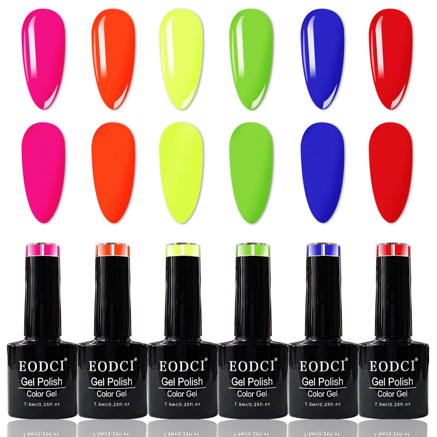 eodci Neon Gel Nail Polish Set, Summer Bright 6 Colors Hot Pink Green Navy Blue Red Orange Yellow Nail Gel Kit Soak Off Nail Art Design Manicure DIY at Home Salon Gifts for Women