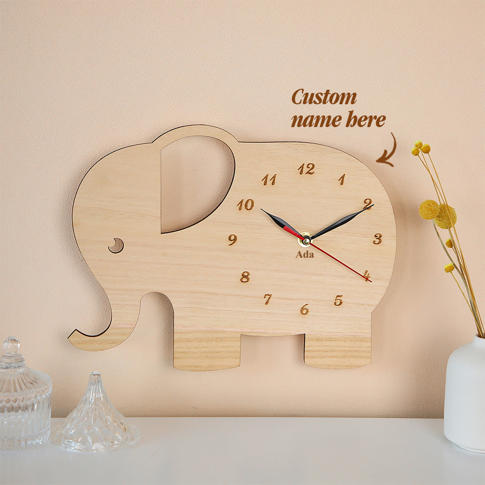 Custom Engraved Wooden Elephant Clock Decor Children's Room Wall Clock