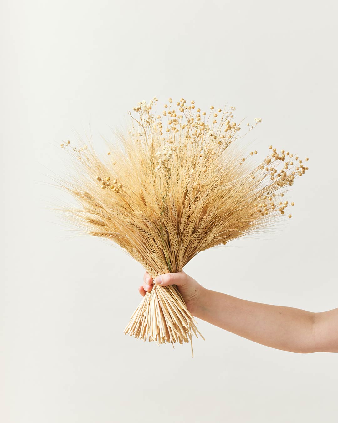 Studio image of hands holding the small harvest arrangement on a cream/grey background