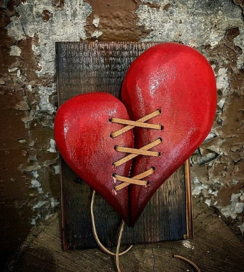 Wood Broken Heart Sculpture Leather Stitched Sculpture Wall Decor