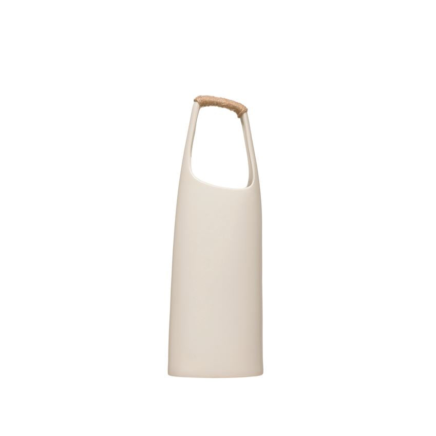 White Stoneware Vase with Rattan Wrapped Handle- Large