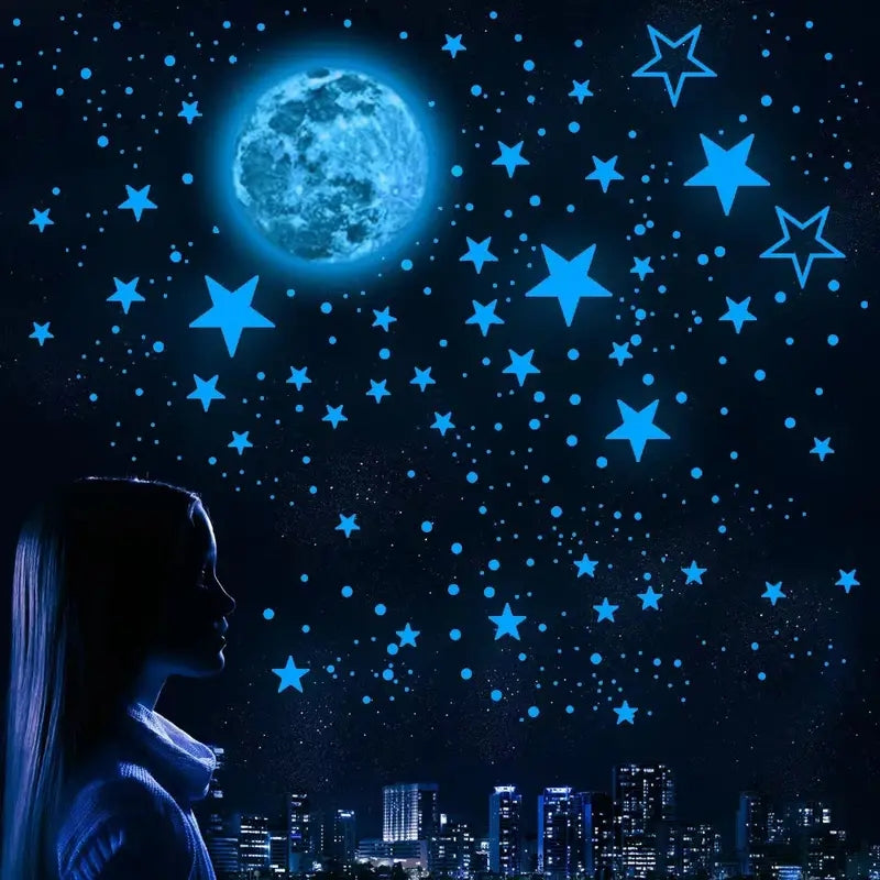 5sheets/set Self Adhesive Fluorescent Stickers, Luminous Moon Glow Stars Wall Decor For Kids, Wall Room Diy Creative Wall Stickers (total444pcs)