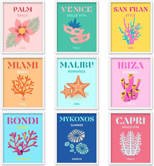 9 Pcs Preppy Travel Wall Art Prints Colorful Abstract Aesthetic Room Decor, 12 x 16 inches