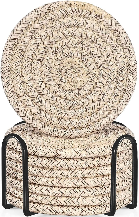 8 Pcs Drink Coasters with Holder, Cotton Woven Absorbent Coasters for Drinks