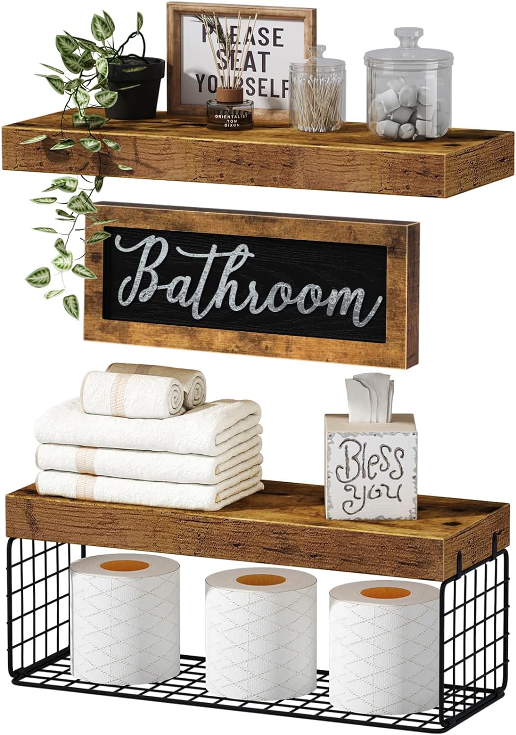 Bathroom Shelves Over Toilet, Small Floating Wall Shelf 2+1 Set 16 inch, Rustic Brown