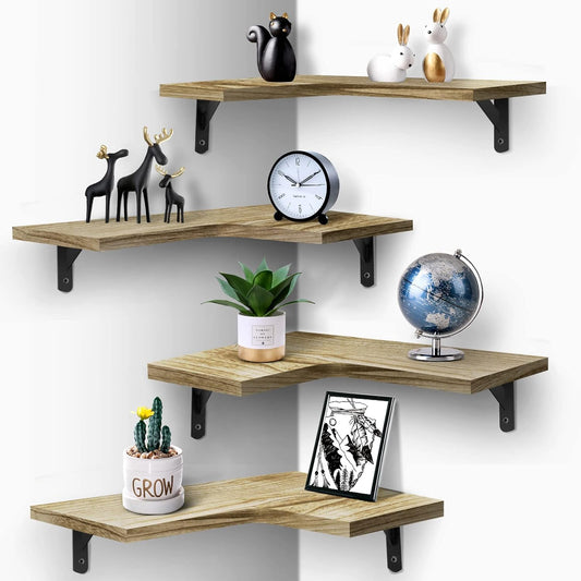 Set of 4 Floating Corner Shelves for Wall Decor Storage for Kitchen, Office (Light Brown)
