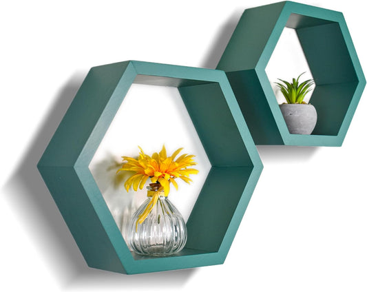 Set of 2 Pine Wood Hexagon Shelves for Wall Decor, Farmhouse Honeycomb Boho Shelves, Green Forest