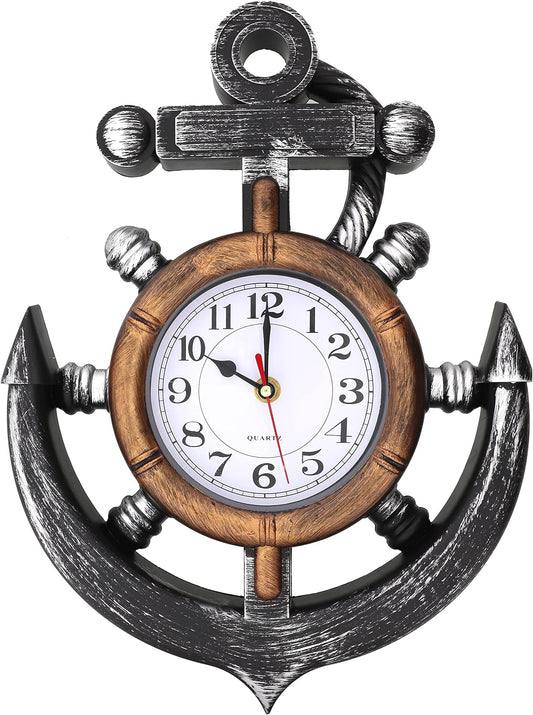 Anchor and Boat Wheel Wall Clock, Nautical Coastal Beach or Sea Theme Home Decor