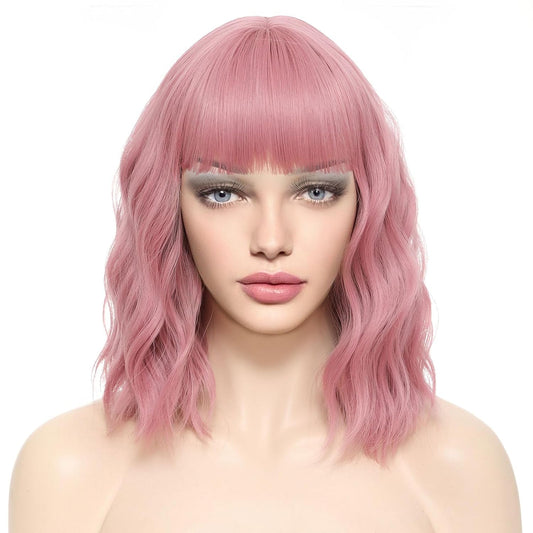 Short Wavy Pink Wigs For Women Medium Length Synthetic Colored Hair Wigs (Pink, 12 Inch)