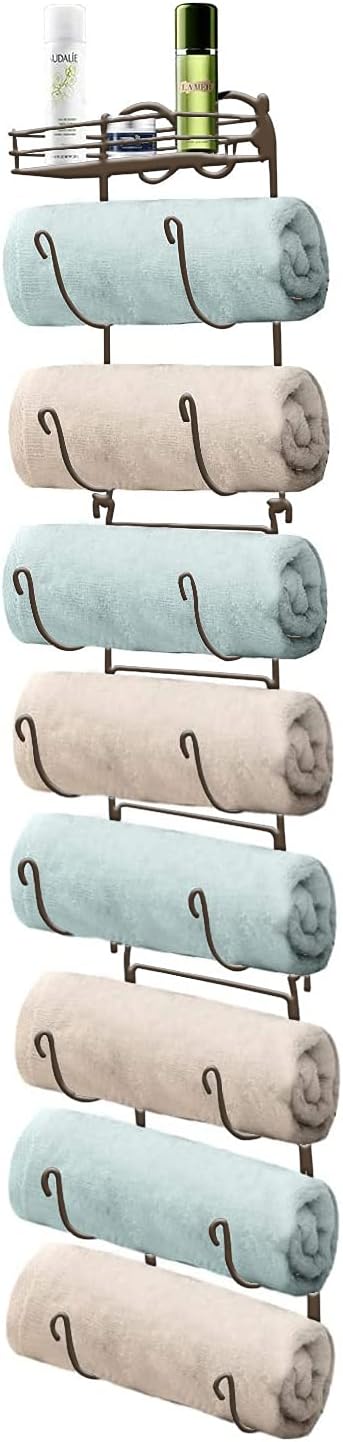 Towel Storage Shelf Organizer Rack Holder with 9 Compartments, Towel Rack Organizer, Brown