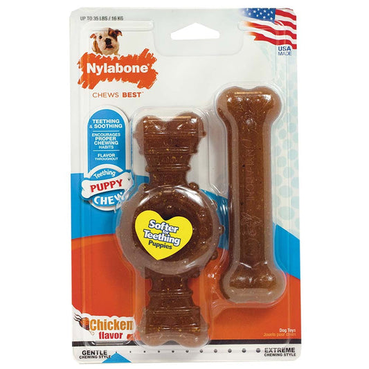 Nylabone Puppy Chew Ring Bone & Toy Twin Pack Ring Bone Twin Pack Chicken 1ea/Medium - Up To 35 lb