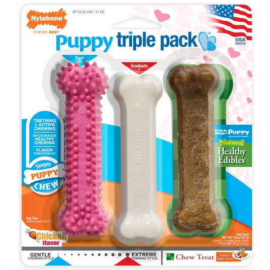 Nylabone Puppy Chew Variety Toy & Treat Triple Pack Chicken & Lamb Starter Kit 1ea/SMall/Regular - Up To 25 Ibs,