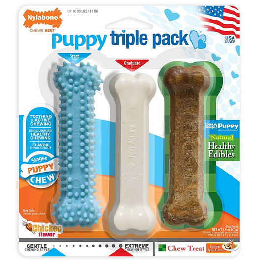Nylabone Puppy Chew Variety Toy & Treat Triple Pack 3 count 1ea/SMall/Regular - Up To 25 Ibs,