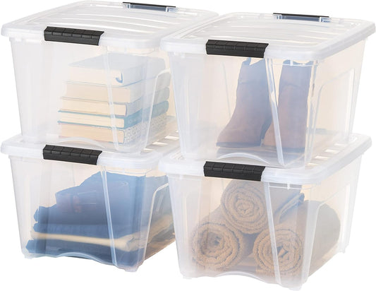 32 Quart Stackable Plastic Storage Bins with Lids and Latching Buckles, 4 Pack - Clear
