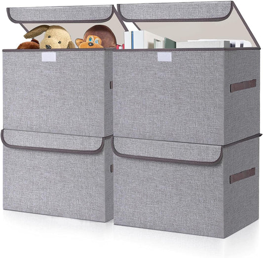 22 Quart Linen Fabric Foldable Storage Bin Cube Organizer Basket with Flip-Top Lid, Gray, 4 Pack
