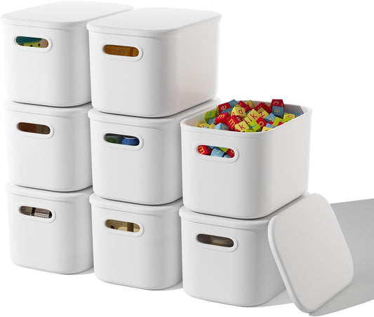 8 Pack White Storage Bins with Lids Stackable Storage Container for Organizing, White, 9.85x6.9x5.7 inch