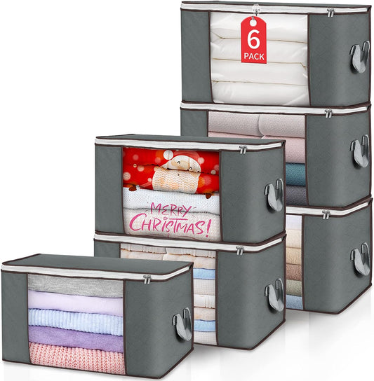 90L Large Storage Bags, 6 Pack Clothes Storage Bins Foldable Closet Organizers Storage, Gray