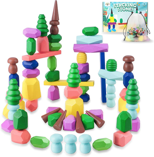 36 PCS Colorful Wooden Sorting Stacking Rocks for Toddlers 3-4 Montessori Sensory Building Blocks for Kids Ages 4-8