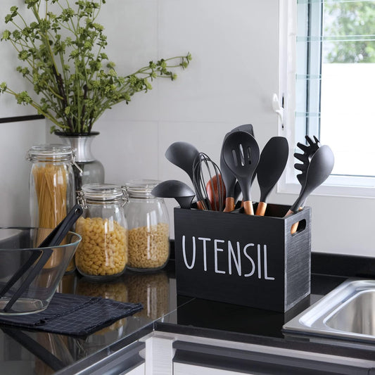 Wood Kitchen Utensil Holder with 2 Compartments, 7" Large Rustic Utensil Caddy Organizer