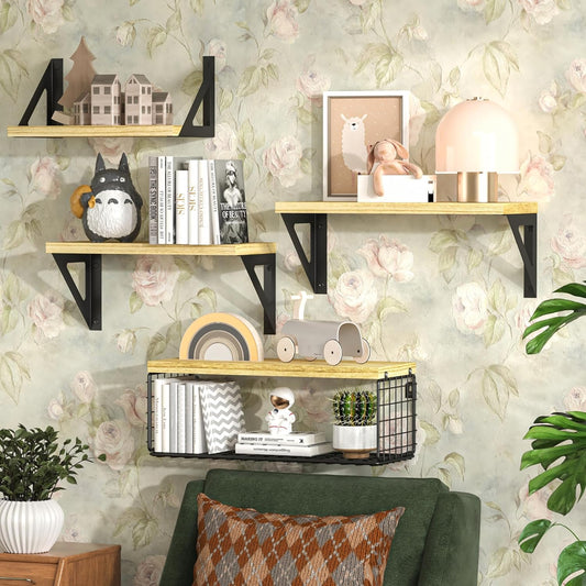 4+1 Floating Shelves for Wall Decor, Wall Shelves with Wire Storage Basket (Rustic Brown-triangular Bracket