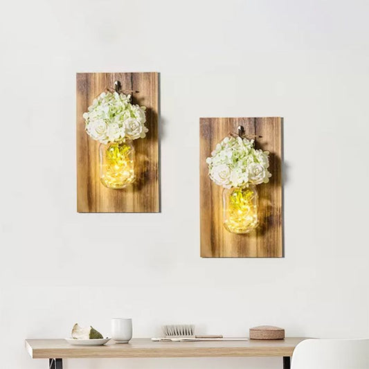 White Rose Glass Jar Wood Wall String Light