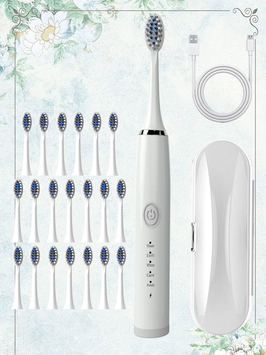 Electric Toothbrush For Adults, Model Charging-e White Travel Case (with 21 Brush Heads), Soft S, Replaceable Heads, Waterproof Ipx7, One-button Control For Intelligent Teeth Cleaning, Caring For Dental Health, Men And Women, Home Use.