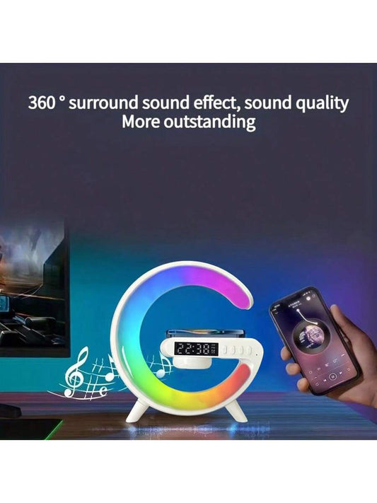 Portable 4-in-1 Wireless Charger For Phone With Alarm Clock, Speaker, Atmosphere Light And Connectivity With 10 Rgb Color Options, Perfect For Office, Bedroom To Regulate Light And Room Ambience Light In White
