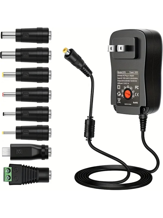 1pc 30W Universal Multi Voltage Fast Charger, 3-12v Adjustable Adapter, With 6 Optional Adapter Plugs, Suitable For 3V To 12V Most Small Household Appliances