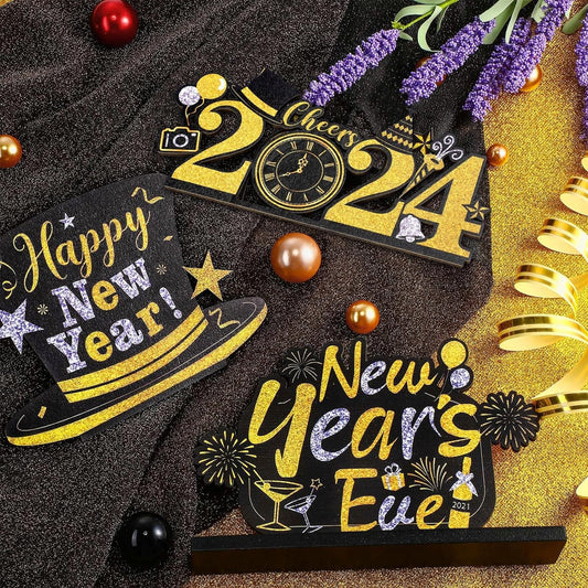 3 Pieces Happy New Year Table Decorations 2024 Wooden Table Centerpieces Ornaments Sign