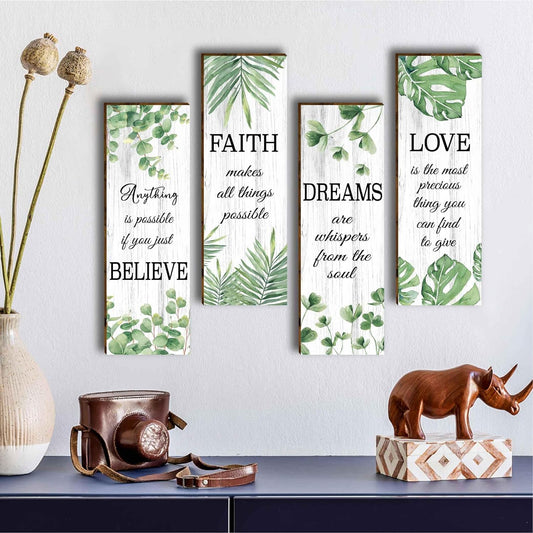 4 Pcs Modern Eucalyptus Green Leaves Wooden Office Wall Decor, Inspirational Saying with Love Faith Believe Dream Wood Sign