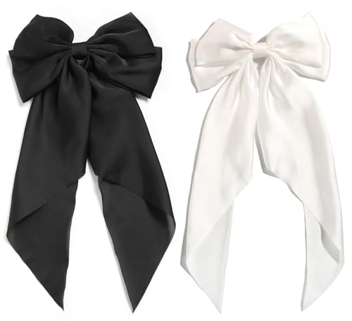 SUSULU Hair Bows for Women Hair Clips Hair Ribbons Satin Silky Black White Hair Barrettes for Girls Hair Bow with Oversized Long Tail Slides Metal Clips Ponytail Hair Accessories Pack of 2