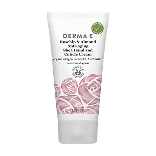 DERMA-E Rosehip and Almond Anti-Aging Shea Hand and Cuticle Cream – Vegan Collagen, Retinol and Vitamin E Moisturizer for Dry Skin – Cruelty Free Hand Lotion, 2 oz