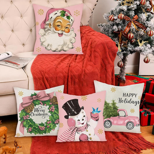 4Pcs Pink Santa Theme Party Christmas Decorations Pillow Covers, 16 x 16 inches