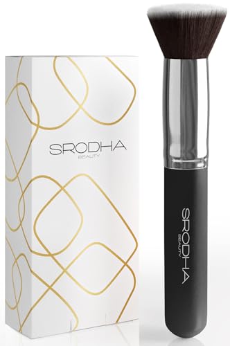 SRODHA Beauty Make Up Brush Set | 3 Piece Kit | Face Brushes Liquid Foundation Concealer Powder Blush Blending | Includes Flat Top Kabuki, Makeup Blender Sponge & Brush Silicone Cleaning Mat (Black)