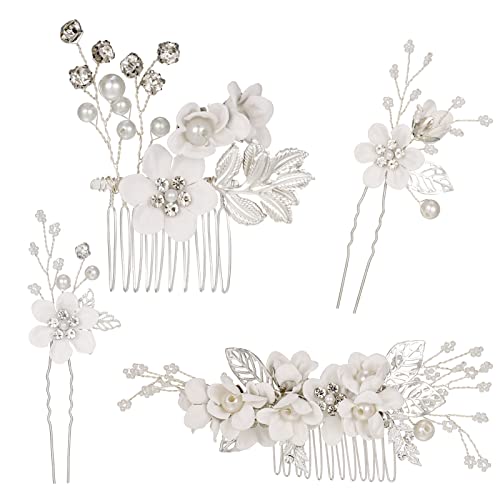 FRIUSATE 4 Pcs Wedding Hair Clip Comb Handmade Bridal Hair Pins Clips Wedding Bridal Hair Accessories Clip Pearl Floral Leaf Hair Piece for Wedding Bride Accessories for Women Wedding