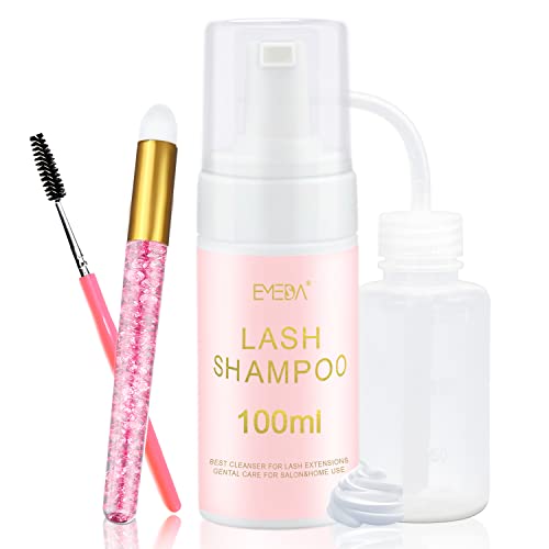 EMEDA Lash Shampoo for Extensions - 100ml Gentle Foam Cleanser for Cluster Lashes, Oil-Free with Rinse Bottle Brush
