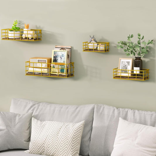 4 Sets of Wall Mounted Shelves, Floating Hanging Shelf, Gold