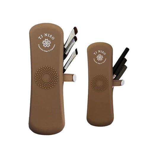 TJ NISO Silicone Makeup Brush Storage Bag.Button Design,Fixed and not Falling,Light and Delicate.Amazing Design 2 in 1 Storage,Raised Pattern Cleaning Brush,(Brown)
