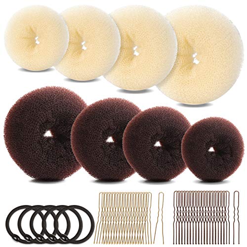 FANDAMEI Hair Bun Maker Set, Donut Bun Maker Set With 4pcs Dark Brown &4pcs Beige(2 extra-large,2 large,2 medium and 2 small), 5 pieces Hair Elastic Bands, 40 pieces Hair Bobby Pins (Brown and Gold)