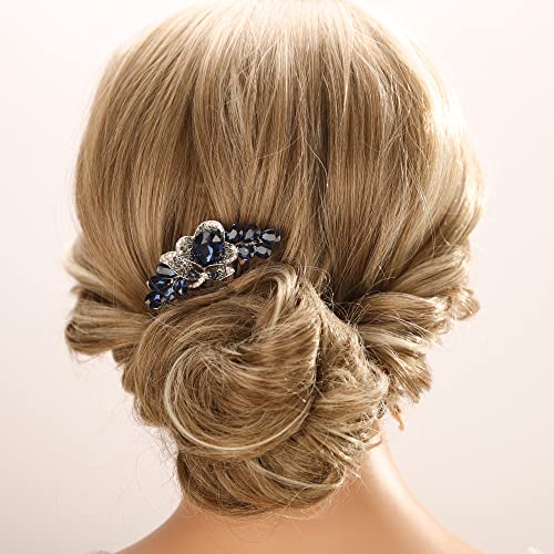 Aimimier Flower Crystal Styling Hair Combs Dainty Rhinestone Gem Twist Combs Alloy Hair Pieces Hair Accessories for Women and Girls(Blue)