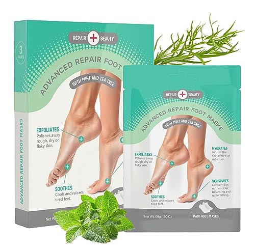 Repair Beauty Mint and Tea Tree Foot Masks Moisturizing Socks - Moisturizes Dry & Cracked Heel, Soothes Tired Feet, Exfoliating Foot Masks - Cruelty Free Korean Skin Care for All Skin Types - 3 Pairs